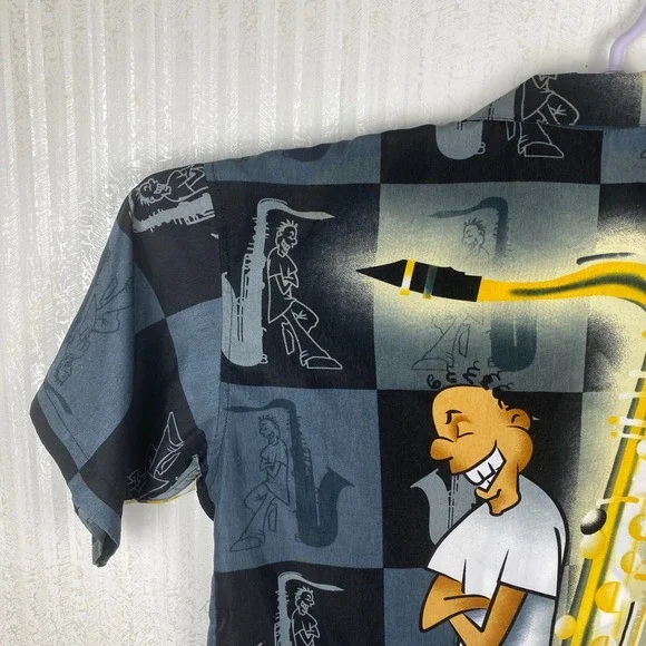 Claudio Nucci Mens Black Y2K Hip Hop Retro Music Hawaiian Button Up Shirt Size L - Picture 9 of 16